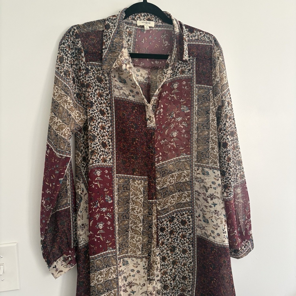 Umgee Women's Multi Color Sheer Patchwork Bohemian Festive HighLow Tunic/Dress S